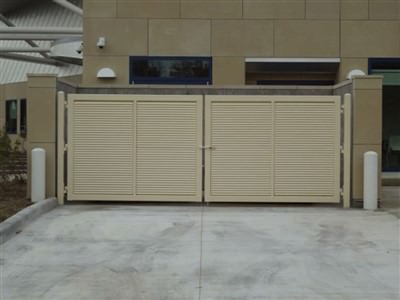 DOUBLE SWING GATES SHADOW 100 FIXED LOUVER DESIGN GALVANIZED AND POWDER COATED AT NORTH ROYALTON LIBRARY 436_1